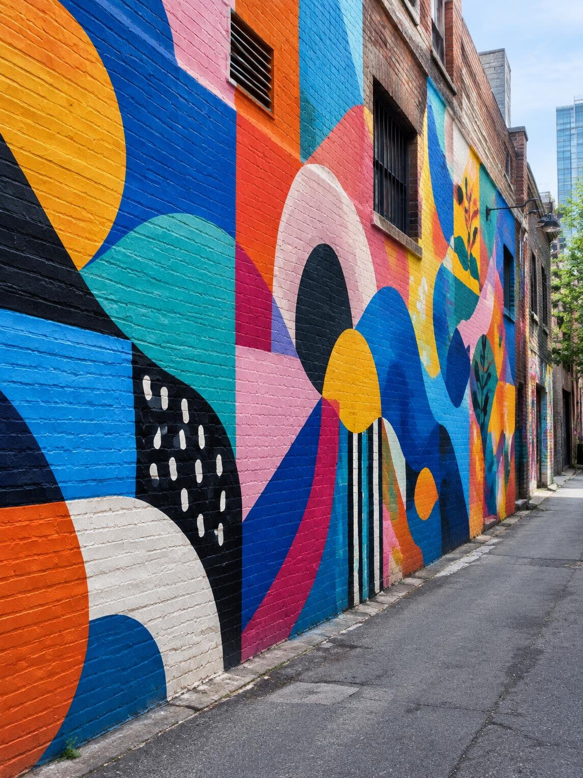 Colorful mural painted along a city laneway wall