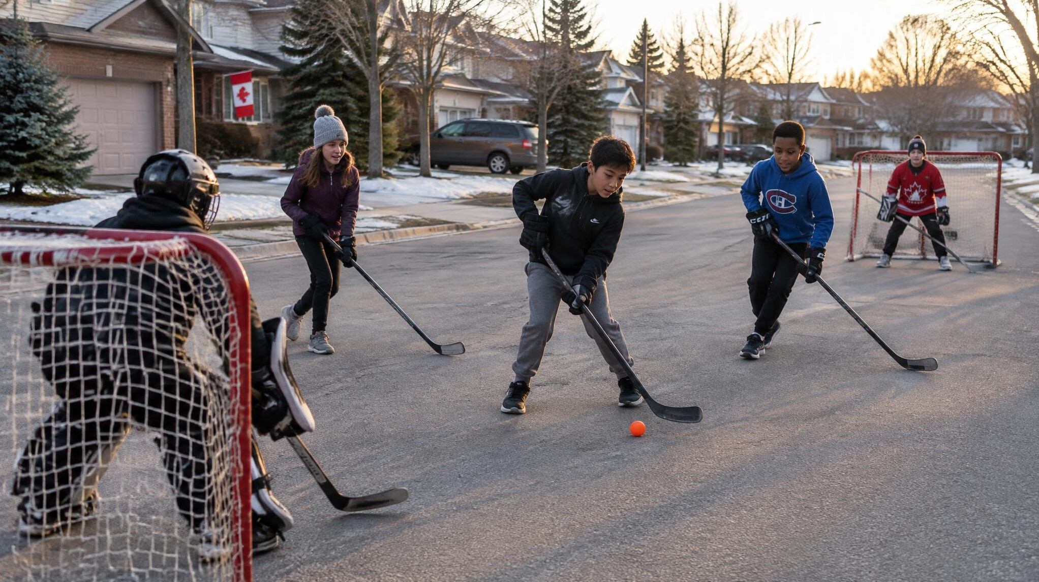 Children playing street hockey on a suburban Canadian street