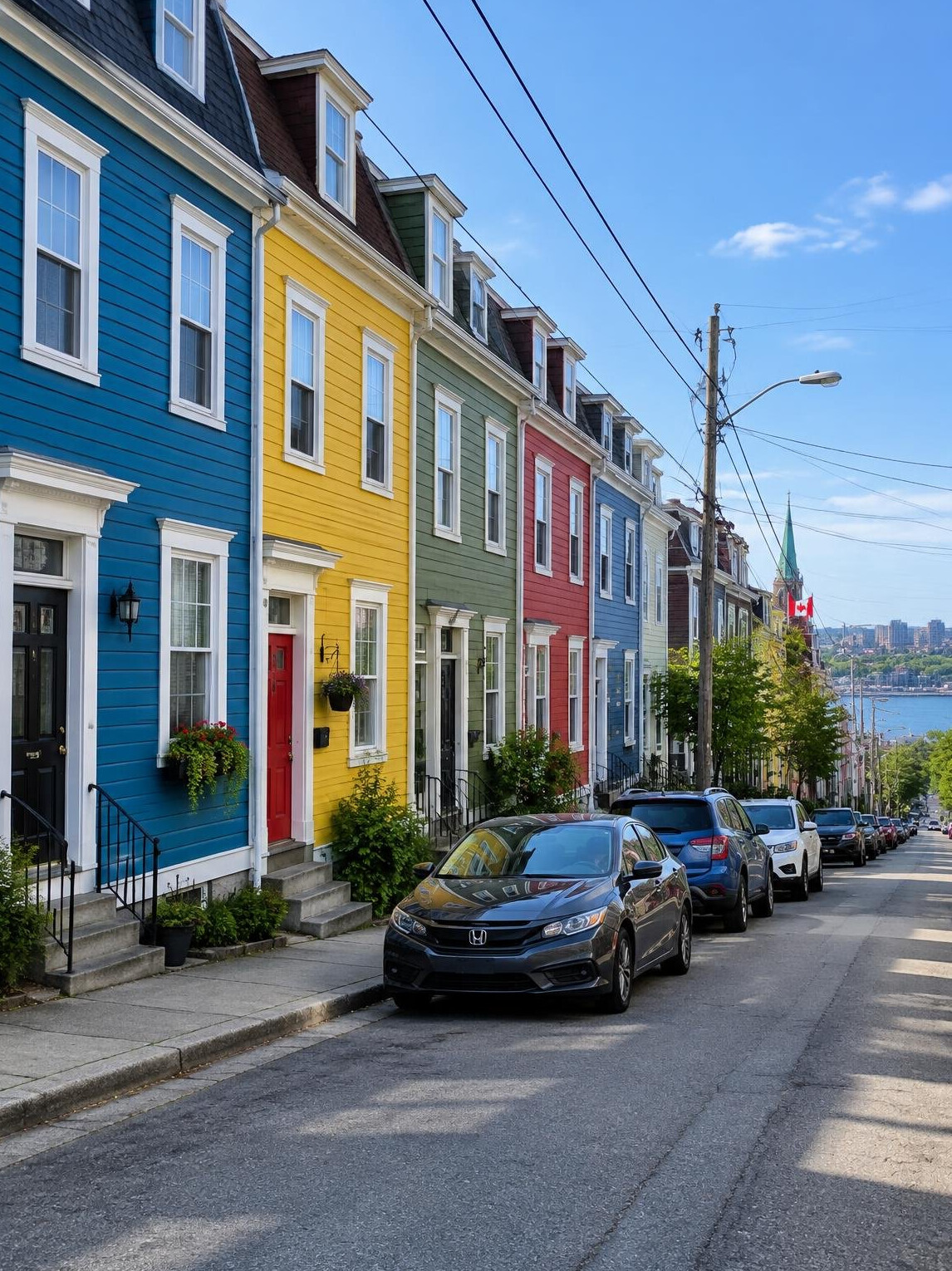 Colorful row houses along a Canadian city street