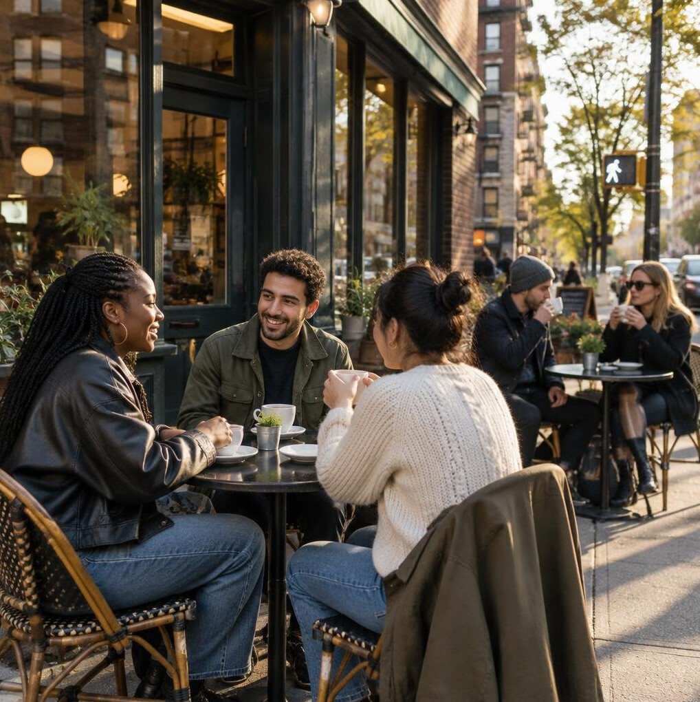 People sitting outside a corner cafe on a city sidewalk