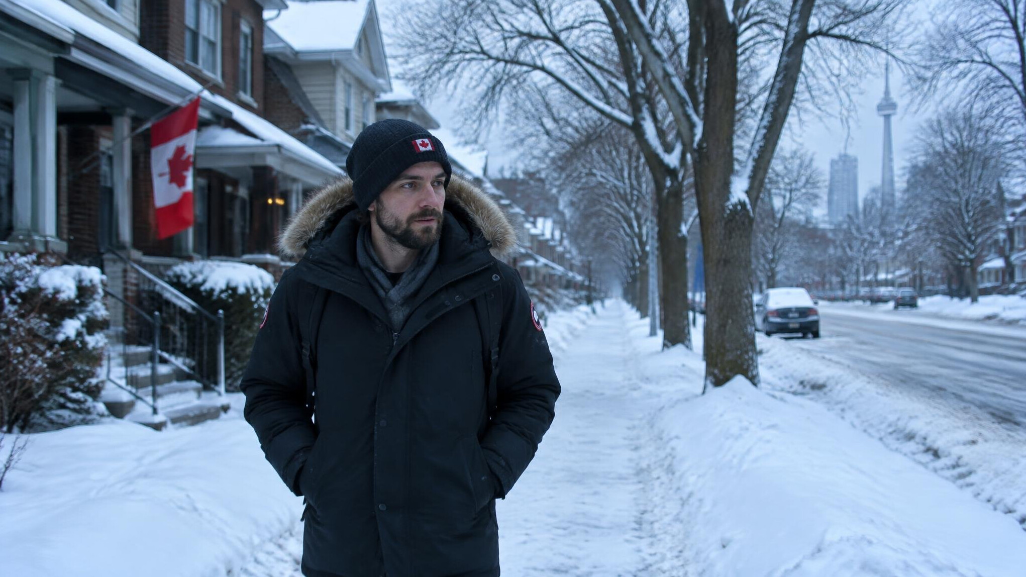 Person walking alone down a snow covered Canadian neighborhood street