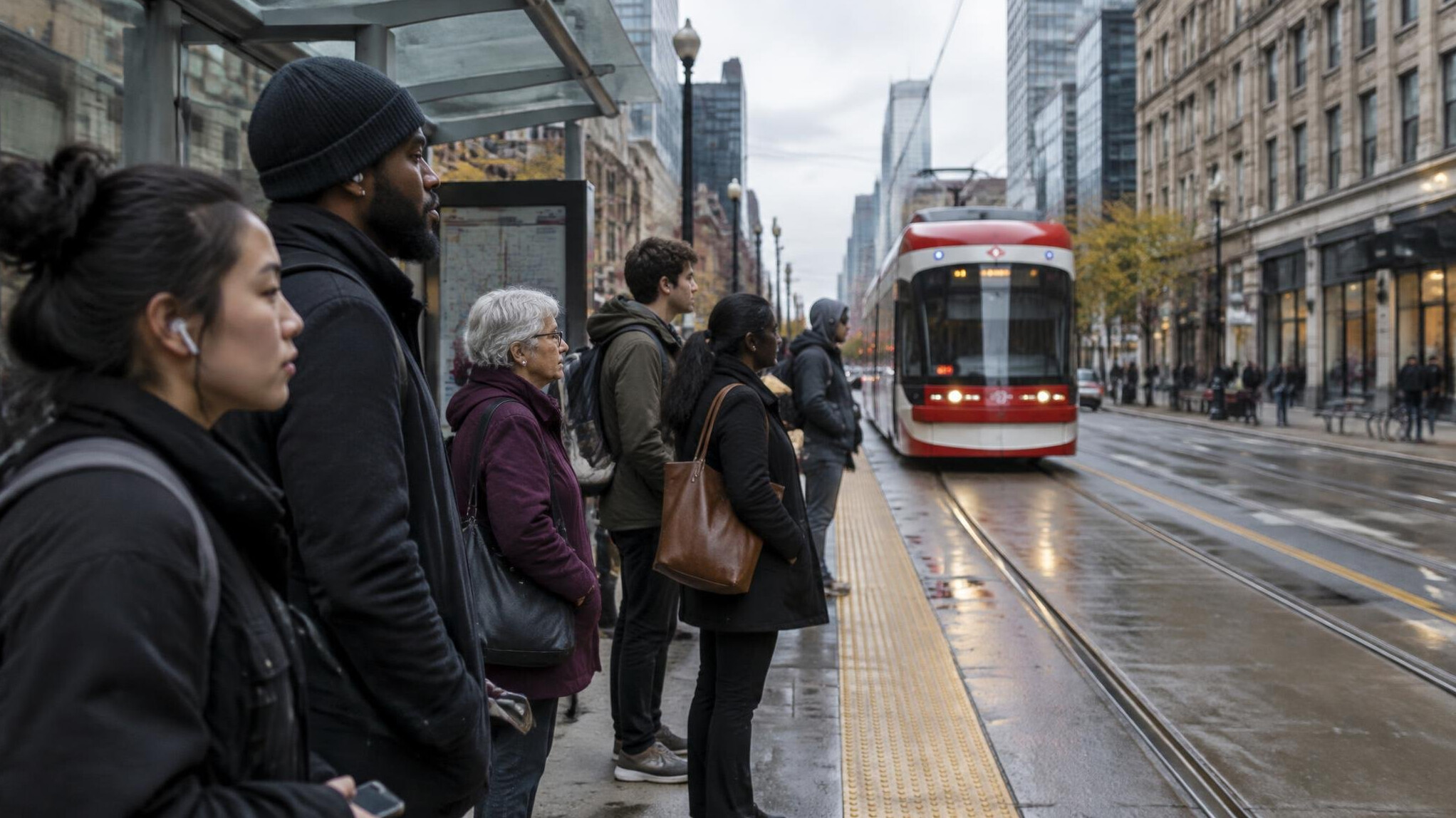 Commuters waiting at a city streetcar stop